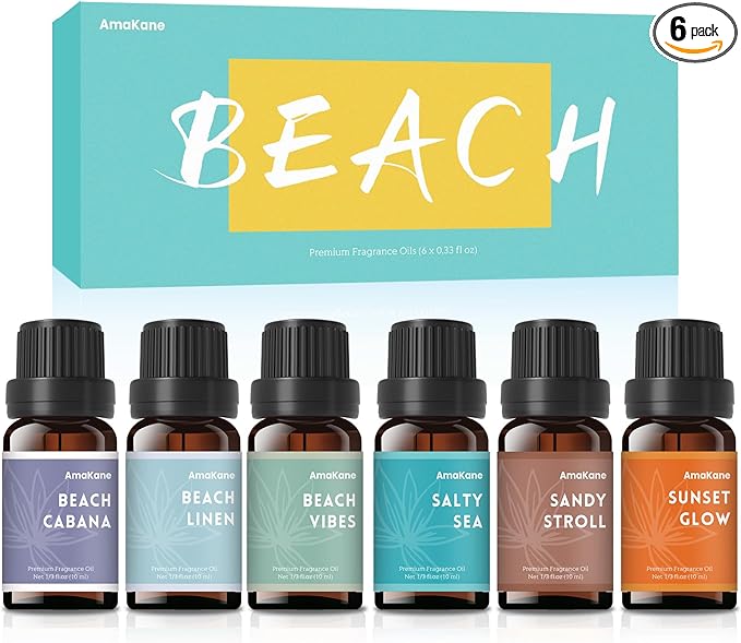 AmaKane Fragrance Oils, Beach Fragrance Oil for Candle Making, Soap Making Scents, Summer Essential Oils for Diffusers for Home 6x10 ml, Beach Linen, Salty Sea, Sunset Glow and More