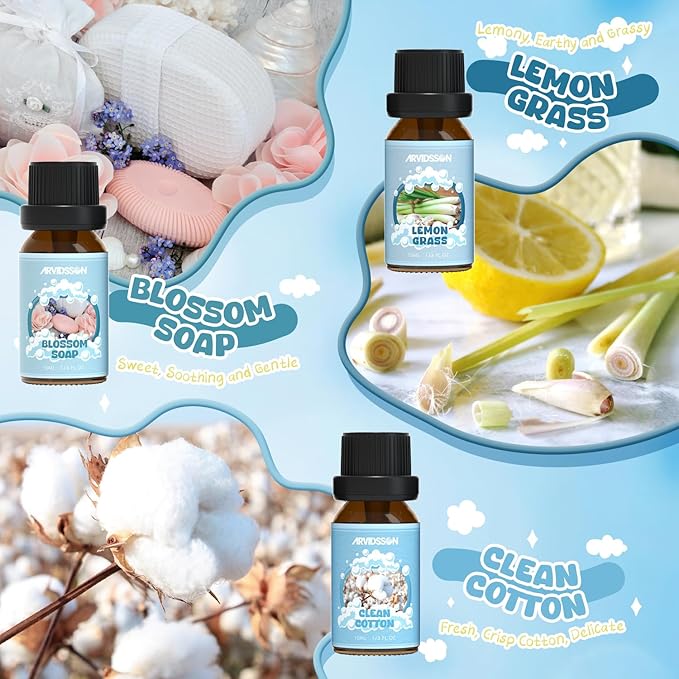 Clean Essential Oils Set, ARVIDSSON Natural Fragrance Oil for Diffuser, Soap Making - Fresh Linen, Clean Home, Fresh Cotton, Soft Powder, Blossom Soap, Lemongrass, Strong Scented Oils for Home