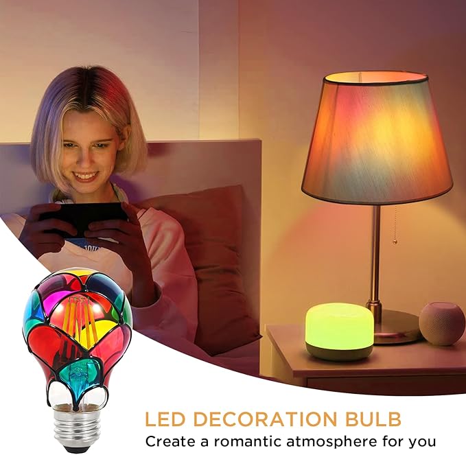 Dimmable Stained Glass LED Light Bulb,3.5W E26 Base A19/A60 Festive Atmosphere Color Bulb for Home Light,Party,Festive Decoration,2 Pack