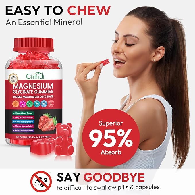 Magnesium Glycinate Gummies Sugar Free for Kids & Women, High Absorption Magnesium and Potassium with L-Threonate, Calcium, B6, D3, Chews Gummies, Relaxation, Stress Relief, Night Rest