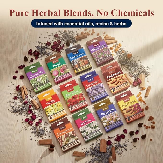 Tulasi Classic Incense Cones with Natural Oils Scents, Set of 12 Fragrances (180 Cones) Calming Home Aromatherapy, Meditation, Relaxing, Mixed Scents with Natural Oils, Thanks Giving