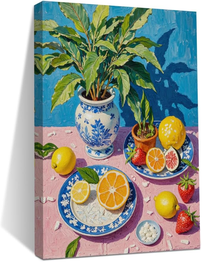 Italy Lemon Wall Art, Botanical Still Life Oil Painting Canvas Framed Prints Modern Decorations, Fruit Theme Poster for Living Room Dining room Entryway Farmhouse Bedroom