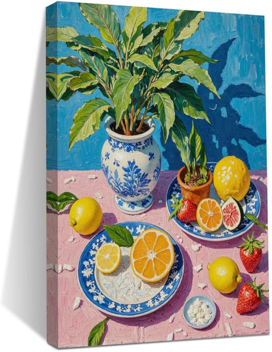 Italy Lemon Wall Art, Botanical Still Life Oil Painting Canvas Framed Prints Modern Decorations, Fruit Theme Poster for Living Room Dining room Entryway Farmhouse Bedroom