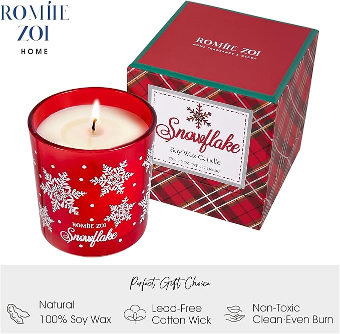 ROMIIE ZOI Christmas Scented Candle - 6oz Soy Wax Candle, Snowflake, Infused with Frosty Snow & Pine Aroma - Scottish Plaid Red and Green Gift Box for Holiday Season Gift