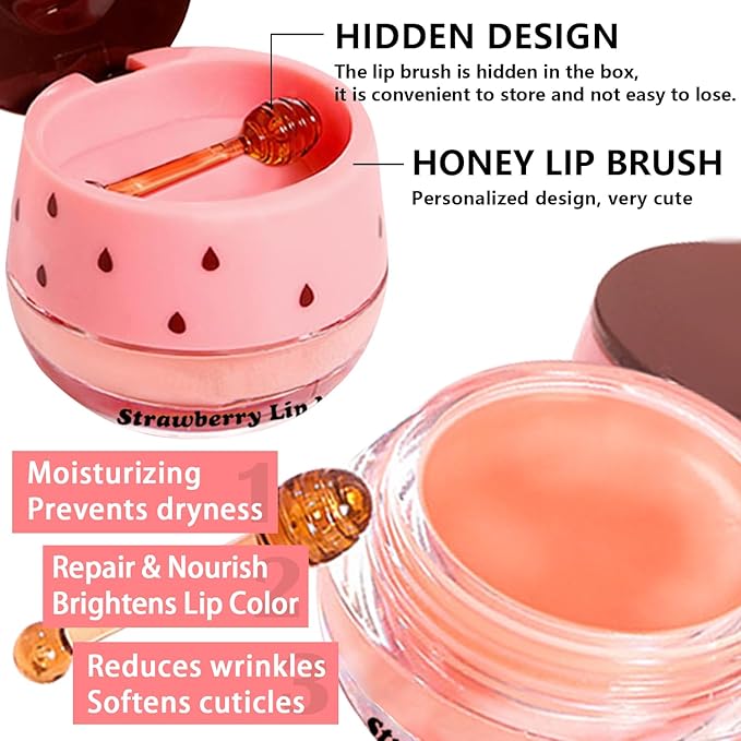 5 PCS Bee Lip Balm Honey Pot, Watermelon & Apple & Strawberry & Honey & Coconut Lip Mask Overnight Propolis Moisturizing Lip Balm Hydrating Prevention Dry and Crack (Set E)