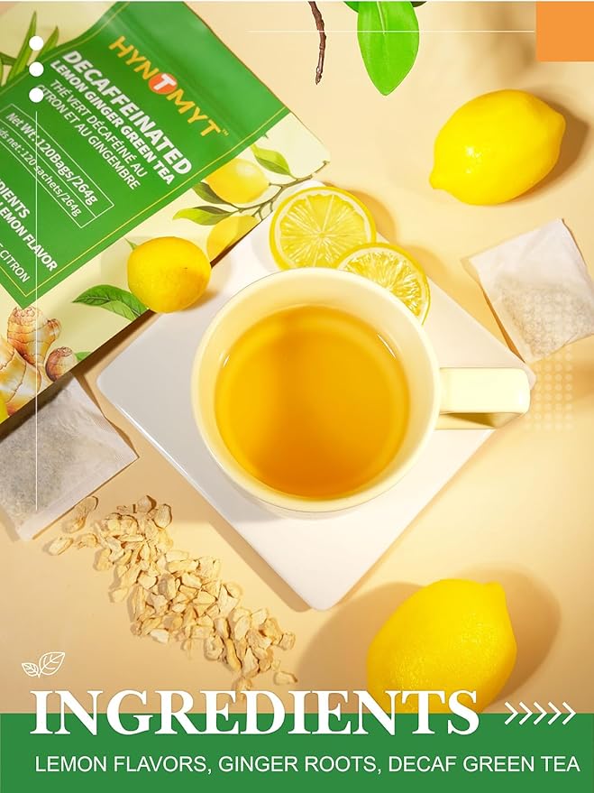 HYNTMYT Decaffeinated Lemon Ginger Green Tea Bags, CO₂ Decaf Green Tea with Lemon and Ginger, Refreshing and Revitalizing, 120 Count