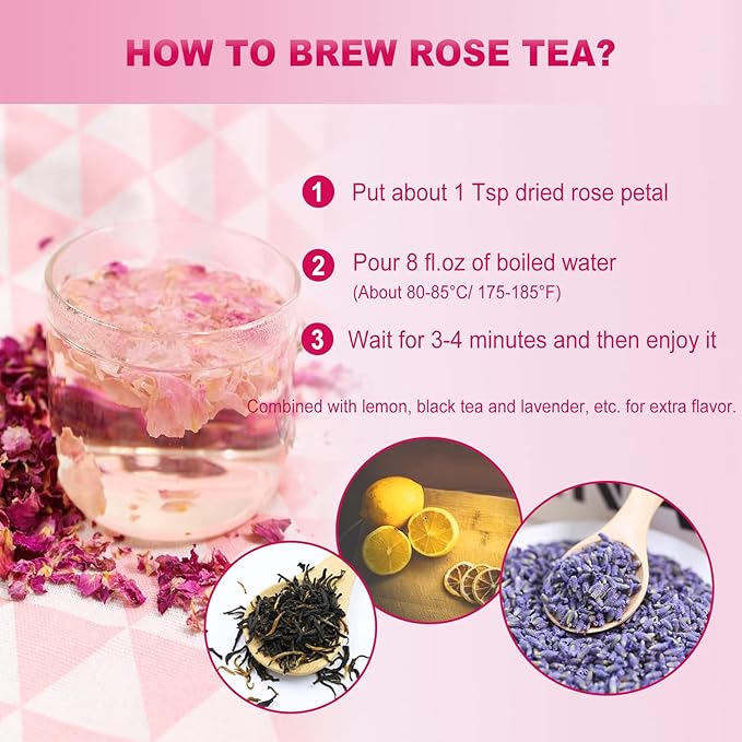 FullChea - Dried Rose Petals - 1oz/29g - Edible Flowers Real Rose Petals - Non-GMO - Caffeine-free - Use in Tea, Baking, Crafting