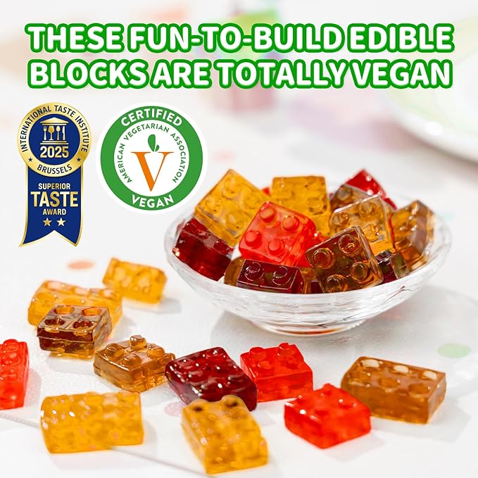 AMOS 4D Vegan Gummy Blocks Candy – Assorted Fruit Flavors, Made with Real Juice, Fun-to-Build Edible Blocks, Fat-Free, 8.47oz (240g)