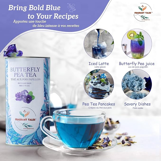 FRAGRANT TALES - Blue Butterfly Pea Flower Tea, 1.76 Oz, 25 Pyramid Bags, Natural Herbal Tea, Caffeine Free, Preservative Free