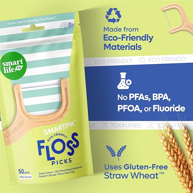 SmartLifeco Eco-Friendly Dental Floss Picks (50ct) - Flossers Made with Straw Wheat, Superior Anti-Shred Thread for Tight Gaps, Tooth Pick Stick for Adults, Soft on Gum & Teeth, Vegan, Mint