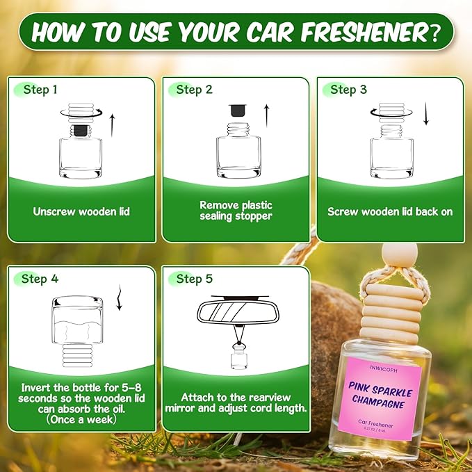 Car Air Freshener Diffuser 6 Pack Hanging Air Freshener, Vanilla Cream, Pink Sparkle Champagne, Mahogany Teakwood, Pistachio & Salty Caramel, Jasmine Dragonfruit and Volcano Scents for Women