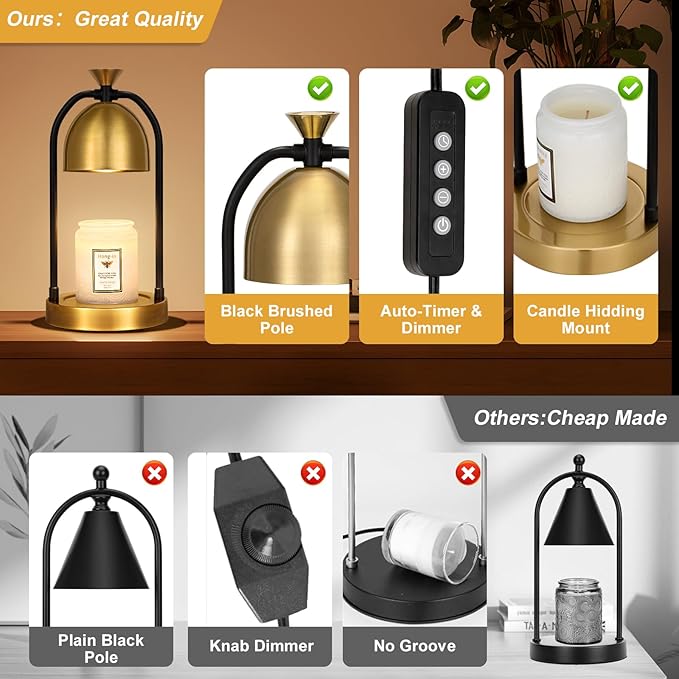 Gold Candle Warmer Lamp with Timer-Modern Room Decor Aesthetic Vintage, Gifts for Women,Dimmable Wax Melt Warmer for Scented Wax with 2 Bulbs