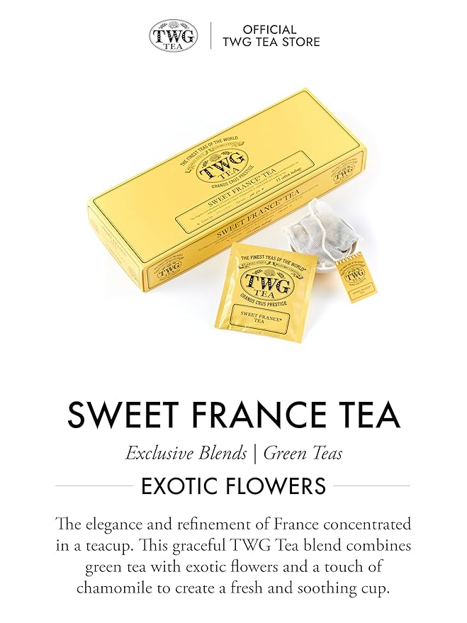 TWG Tea | Sweet France Tea | Green Tea | Chamomile Flowers & Rose Petals | 15 Hand Sewn Cotton Tea Bags | Gift Set