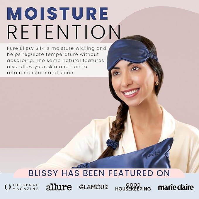 Blissy Silk Sleep Mask - Silk Eye Sleeping Mask for Women & Men for Total Blackout - 100% Pure Mulberry Silk, 22 Momme 6a Fibers - Blindfold Silk Sleep Mask Side Sleeper Eye Cover (Blue)