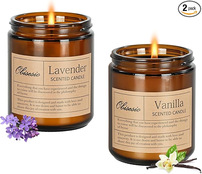 Candles 2 Pack, Candles for Home Scented, Aromatherapy Candle Gift Set for Women Soy Wax Long Lasting Amber Jar Candles for Birthday Housewarming Mother's Valentine Day(Vanilla & Lavender)