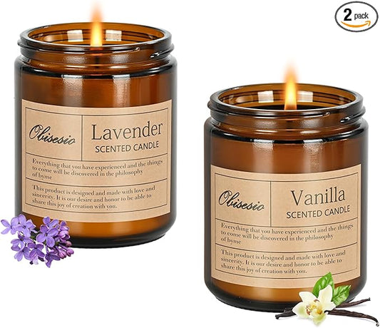Candles 2 Pack, Candles for Home Scented, Aromatherapy Candle Gift Set for Women Soy Wax Long Lasting Amber Jar Candles for Birthday Housewarming Mother's Valentine Day(Vanilla & Lavender)