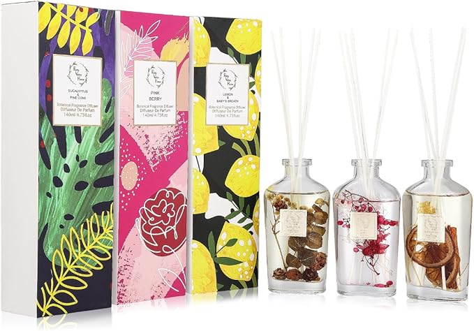 Reed Diffuser Set, Pretty Valley Home Diffuser 140Ml / 4.73 fl OZ Gift Box - Includes Reed Diffuser Sticks, Long Lasting Fragrance Oil and Glass Bottle for Office Living Room Decor (Lemon)