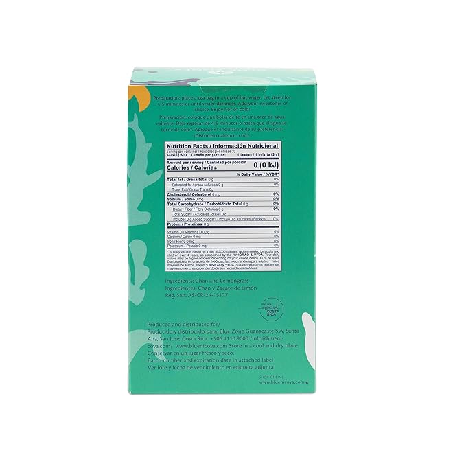 Blue Zones Nicoya - Chan & Lemon Grass Flavored Tea Bags - 100% Natural, Organic, and Refreshing - High Micronutrients - Gluten, Caffeine, Sugar-Free - Pack of 18 (1.59 oz/ 45 g)