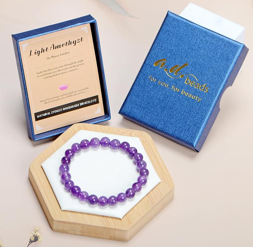 AD Beads Handmade Gemstone Stretch Elastic Bracelet Crystal Healing Reiki Nature's Beauty and Spiritual Essence Unisex (4mm, Purple Amethyst)