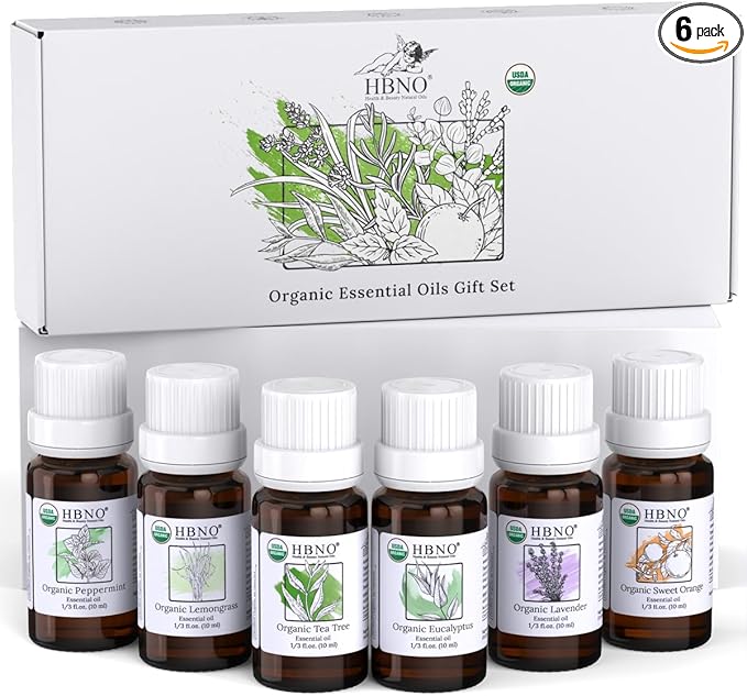 HBNO Organic Essential Oils Set (10ml) - Top 6 Essential Oils. Ideal for Aromatherapy, Soap Making, and Skincare and More - Lavender, Eucalyptus, Tea Tree, Peppermint, Orange, Lemongrass.