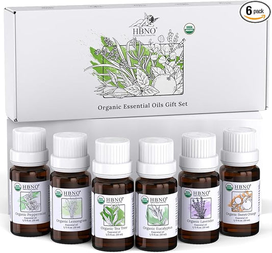 HBNO Organic Essential Oils Set (10ml) - Top 6 Essential Oils. Ideal for Aromatherapy, Soap Making, and Skincare and More - Lavender, Eucalyptus, Tea Tree, Peppermint, Orange, Lemongrass.