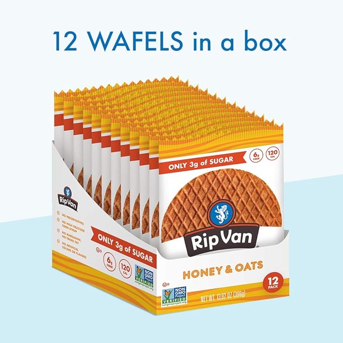 Rip Van Wafels Honey & Oats Stroopwafels - Healthy Snacks - Non GMO Snack - Keto Friendly - Office Snacks - Low Sugar (3g) - Low Calorie Snack - 48 Count (Pack of 1)