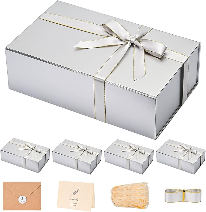 LIFELUM Gift Boxes with Lids,5 Pack 13.85 x 8.35 x 4.45 inch Silver Gift Boxes with Ribbon, Card, Shredded Paper Filler Gift Boxes for Presents,Graduation,Christmas,Birthdays