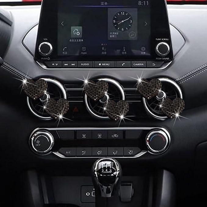 6 Pcs Heart-Shaped Crystal Diamond Air Vent Clip, Heart-Shaped Bling Charms Crystal Car Freshening Diffuser, Car Bling Interior Decorative Accessories for Women (Black)