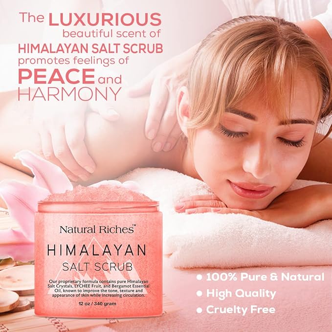 Natural Riches Himalayan Pink Salt Body Scrub, Exfoliating Salt Scrub for Women & Men, Deep Cleansing Body Exfoliant with Lychee & Bergamot Essential Oil – Natural Skin Polish for Smooth, Radiant Glow