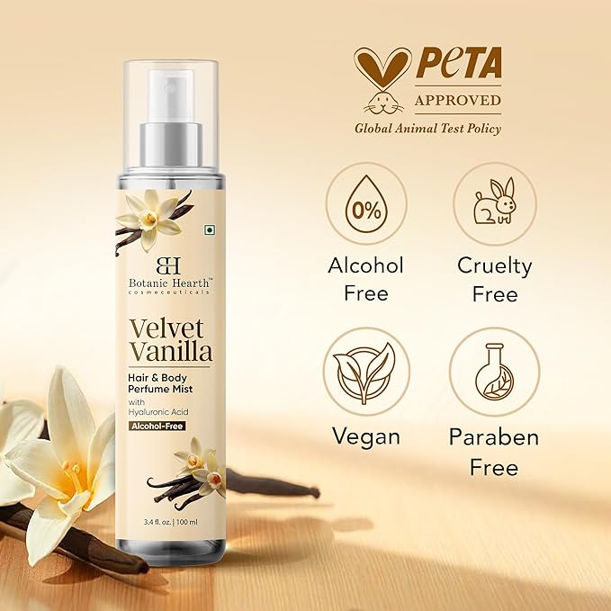 Botanic Hearth Velvet Vanilla Hair & Body Perfume Mist with Hyaluronic Acid, Alcohol-Free Formula, Long Lasting Fresh Vanilla Scent, Lightweight Body Spray for Women & Men, 3.4 fl oz / 100 ml