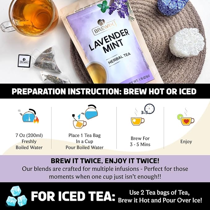 BREWIX, Lavender Mint (25 Pyramid Tea Bags) | Herbal, Caffeine Free, Lavender with Peppermint and Rosemary