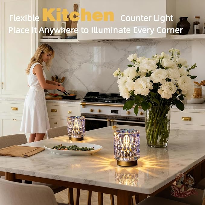 Battery Operated Table Lamps Timer, Mini Crystal Lamp for Area No Plug, Cordless Lamp with LED Bulb for Power Outage, Decorative Lamps for Tabletop/Corner/Entryway/Stairway/Bathroom/Fireplace(2*PEARL)