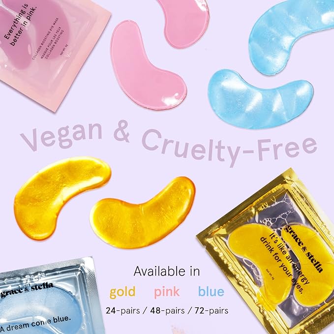 grace & stella Under Eye Mask - Reduce Dark Circles, Puffy Eyes, Undereye Bags, Wrinkles - Gel Under Eye Patches, Vegan Cruelty-Free Self Care (72 Pairs, GoldPinkBlue)