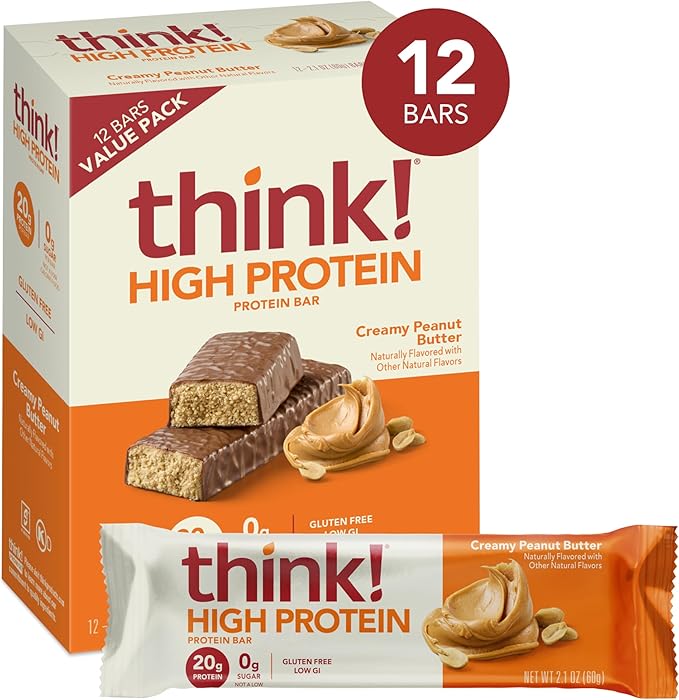 think! Protein Bars, High Protein Snacks, Gluten Free, Kosher Friendly, Creamy Peanut Butter, Nutrition Bars, 2.1 Oz per Bar, 12 Count (Packaging May Vary)