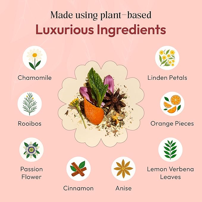 Chamomile Herbal Tea with Lemon Balm, Rooibos, Cinnamon, Anise, Orange Pieces, Linden Petals, Verbena & Passion Flower – Kosher, Vegan, GMO-Free, Zero Caffeine – Natural Wellness Support (25 Tea Bags)