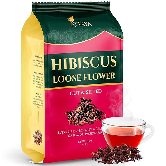 Attaya Natural Hibiscus Loose Flowers, Cut & Sifted 4oz | 100% Pure, Dried, Caffeine-Free | Antioxidant-Rich for Wellness & Relaxation.