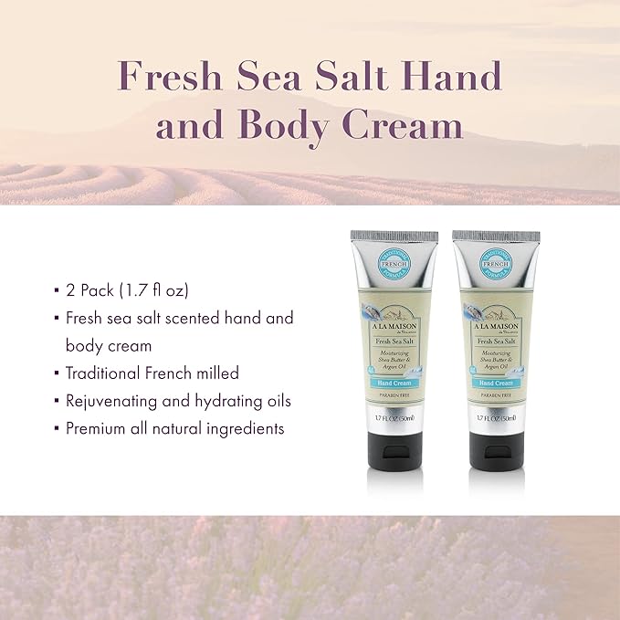 A LA MAISON Moisturizing Cream, Fresh Sea Salt - Uses: Hand, Argan Oil, Pure Shea Butter, Essential Oils, Plant Based, Cruelty-Free, SLS and Paraben Free (1.7 Oz, 2 Pack)