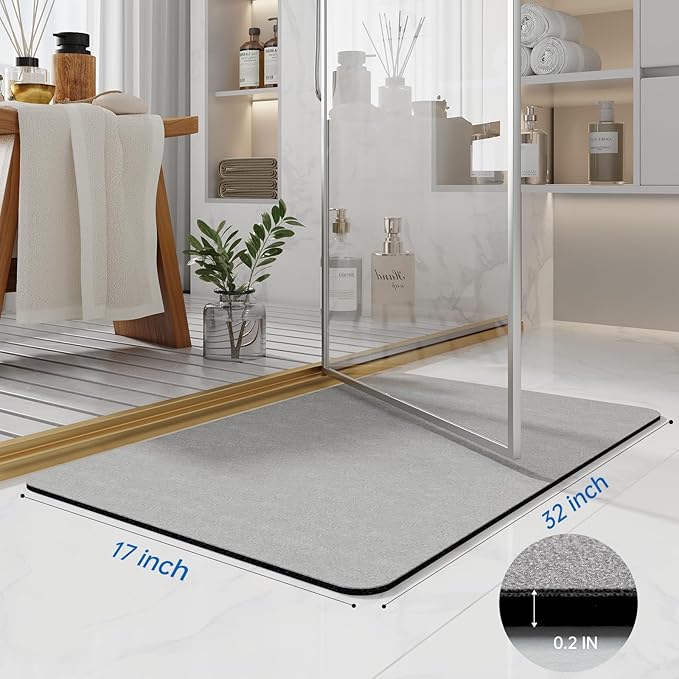 Bath Mat Rugs 32x17 - Diatomaceous Earth Bath Mat Quick Dry Absorbing Bathroom Rugs Rubber Non Slip Thin Bathroom Mat Fit Under Door, Bath Mat for Bathroom Floor, Tub and Shower, Sink, Grey