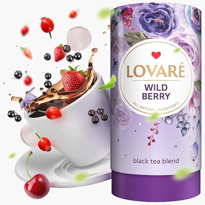 LOVARE Wild Berry Loose Leaf Tea 80 g - Made in Ukraine - Black Tea, Cherry, Roses, Hawthorn Berries, Elderberry, Black Currant Berries, Strawberry - Gift Box with 15 Paper Filters