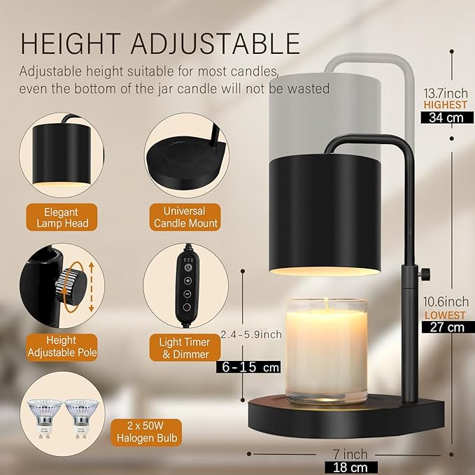 Candle Warmer Lamp Adjustable Height Dimmable with Timer Large Jar Candles Compatible - No Flame Scented Wax Warmer with 2 Bulbs - Mothers Day Gift - Black