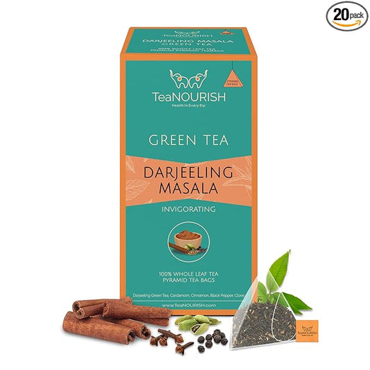 TeaNOURISH Darjeeling Masala Green Tea | 20 Count Pyramid Tea Bags | Whole Leaves | Blended with Cardamom, Cinnamon, Black Pepper & Clove | 100% NATURAL INFUSION