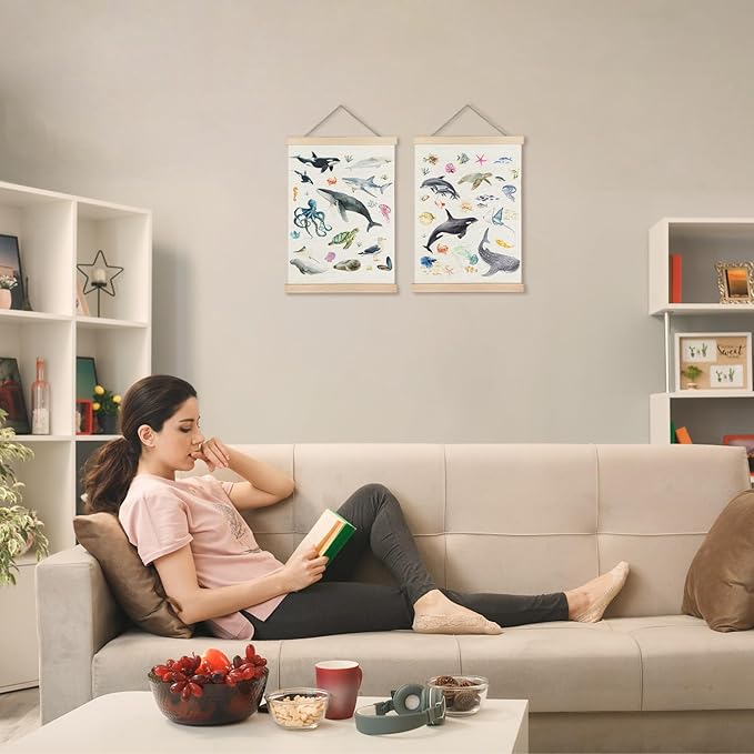 Exqcom Ocean Nursery Decor, Coastal Beach Sea Animal Wall Art Poster, Under the Sea Shark Whale Octopus Turtle Ocean Marine Life Posters for Kids Room Nursery Playroom Classroom, 12x16 Inches Set of 2