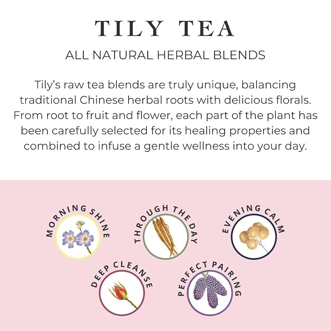 Tily Tea Assorted Herbal Tea Box - 5 Flavors of Caffeine-Free Tea - Morning Shine, Through the Day, Evening Calm, Perfect Pairing, Radiant Glow - 10 Plastic-Free Pyramid Tea Bags