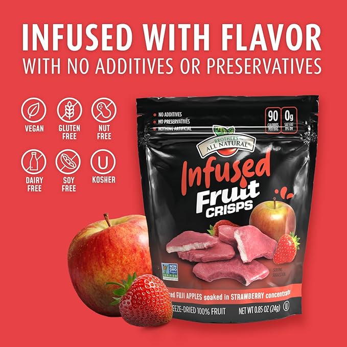 Brothers All Natural Infused Freeze Dried Fruit Crisps, Variety Pack, 0.85 Oz (Pack of 6), Fuji Apple Infused with Blueberry, Raspberry & Strawberry, Made with 100% Fruit, Gluten Free, Soy Free, Vegan, Heathy Snack, Resealable Pouch