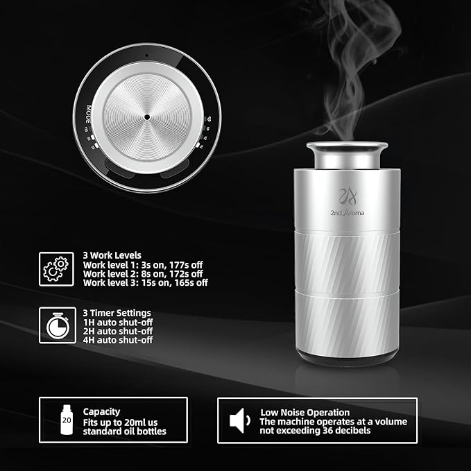 Car Essential Oil Diffuser, Waterless Aluminum Aroma Car Diffuser, 20ml Portable USB Type-C Rechargeable Wireless 1/2/4H Timer Long Lasting Freshener for Traveling Camping Working