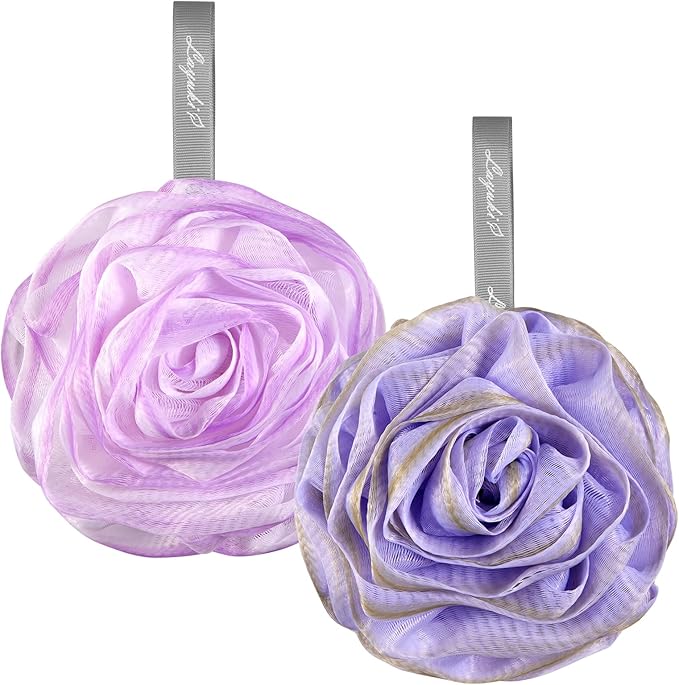 Bath Loofah, Shower Loofah, Body Loofah, Bath Sponge, Shower Sponge, Body Sponge, Bath Scrubber, Shower Scrubber, Body Scrubber, Rose-Shaped, Elegant (Set of 2 Pieces,Purple and Grey)
