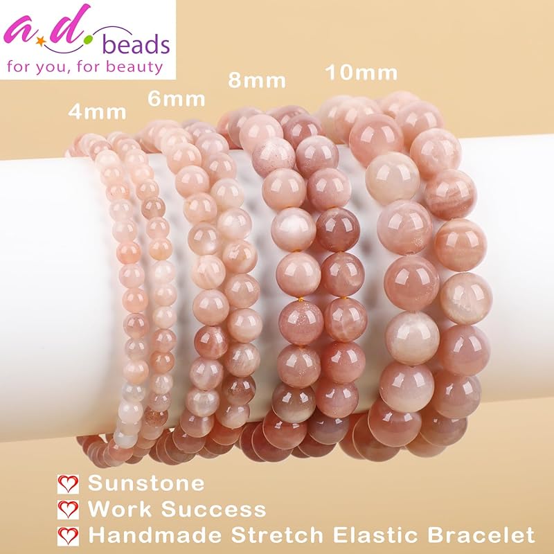 AD Beads Handmade Gemstone Stretch Elastic Bracelet Crystal Healing Reiki Nature's Beauty and Spiritual Essence Unisex (6mm, Sunstone (Work Success))