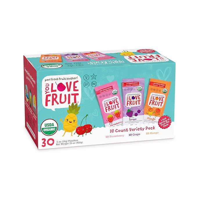 YOU LOVE FRUIT - Fruit Snacks Variety Pack 30 count, 100% Natural Gluten-Free, Vegan, Low Carb, Low Fat Fruit Kosher Snacks for Kids, College Students, Teachers and Offices, Healthy Fruit Snacks (Strawberry, Grape, Mango)