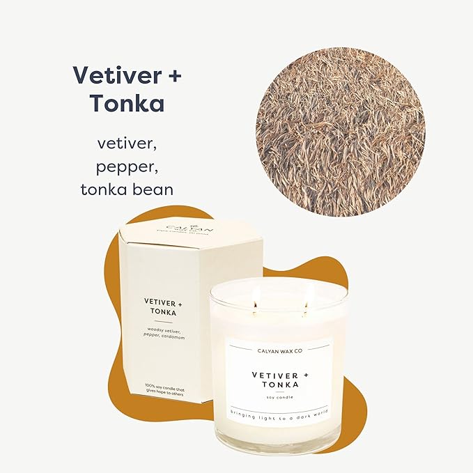 Calyan Wax Co. 2 Wick Candle, Vetiver + Tonka Scented Candle, 37 Hour Burn Time, Aromatherapy Soy Candles, Non Toxic & Vegan Soy Wax, Glass Tumbler Scented Candles, 8.8oz