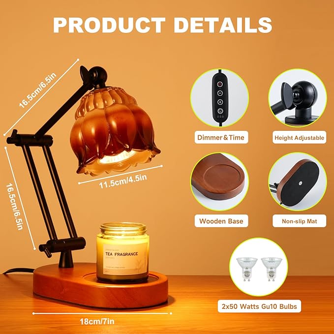 Candle Warmer Lamp With 2 Bulbs, Dimmable With Timer, 2H/4H/8H Timer, Adjustable Height & Heat, Electric Lamp Compatible With Large Jar Candle